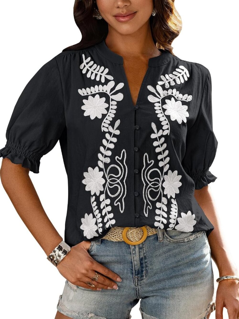 Women's 2026 Summer Tops Dressy Casual Floral Boho Embroidered Blouse